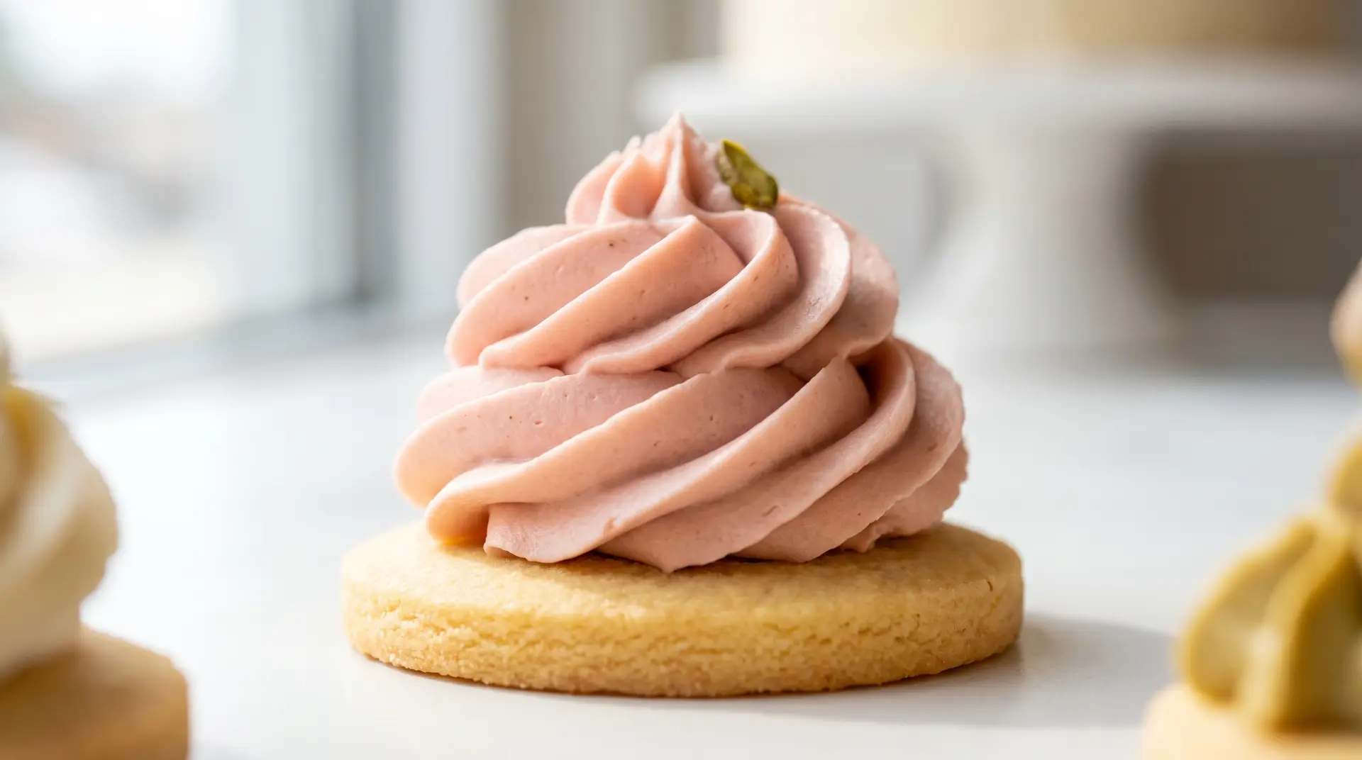 Macro shot of a pink frosting rosette on a shortbread cookie
